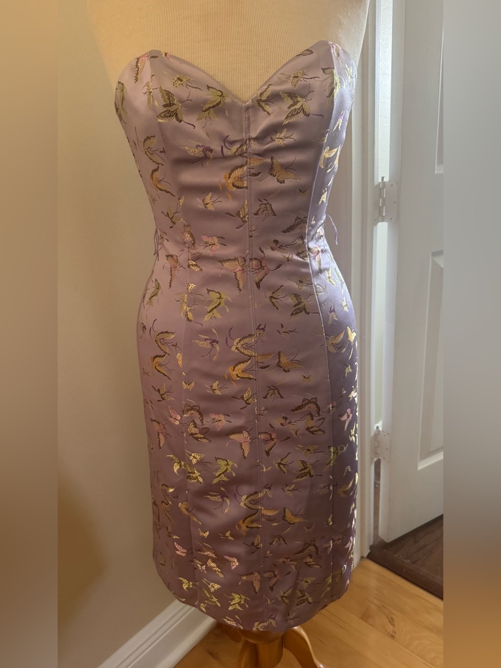 Betsey Johnson Lilac Midi Dress with Gold Bird Brocade